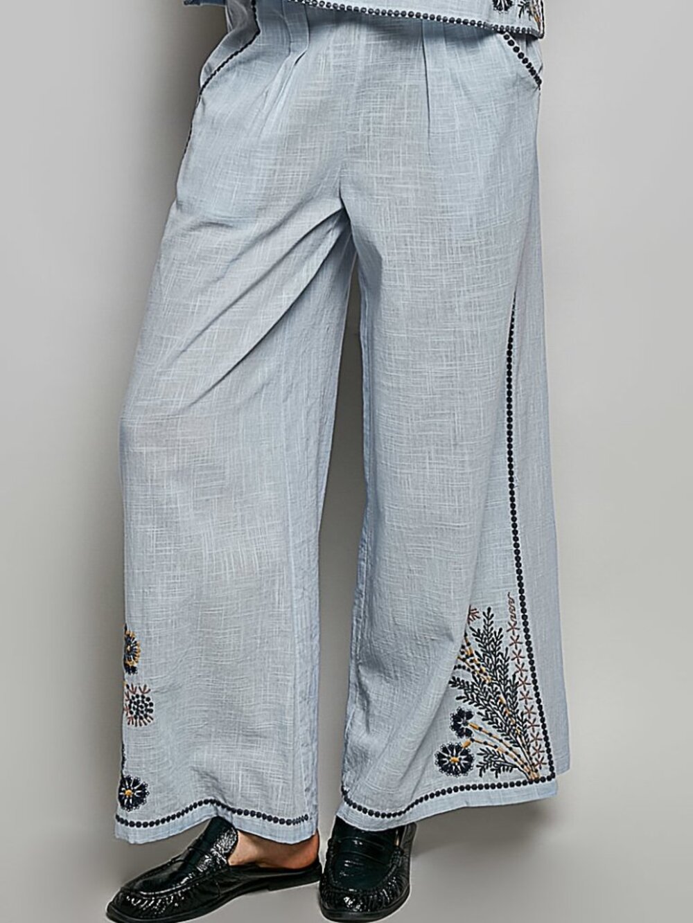 B38 POL Embroidered woven wide-leg pants Blue NEW